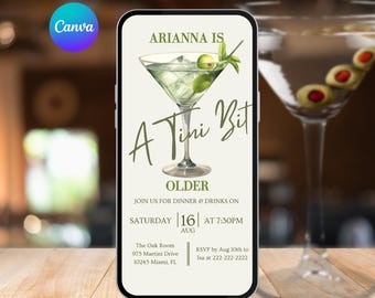 A Tini Bit Older Birthday Invitation. Dirty Martini Women's Party Digital Invite. Animated Modern Ladies Girls Cocktail eVite. DIY Template.