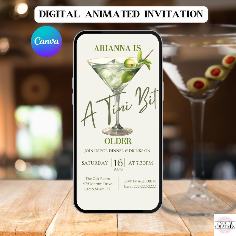 A Tini Bit Older Birthday Invitation. Dirty Martini Women's Party Digital Invite. Animated Modern Ladies Girls Cocktail eVite. DIY Template. image 1