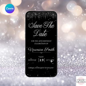 Birthday Party Save The Date. Elegant Digital Animated Party or Wedding Save the Dates Invite in Black and Silver. DIY Editable Template.