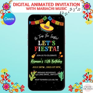 Digital Fiesta Birthday Invitation.  No Time To Siesta Animated Invite with Mariachi Music.  Mexican Theme eVite. DIY Editable Template.
