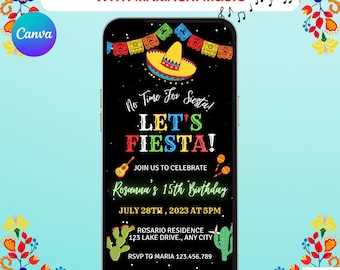 Digital Fiesta Birthday Invitation.  No Time To Siesta Animated Invite with Mariachi Music.  Mexican Theme eVite. DIY Editable Template.