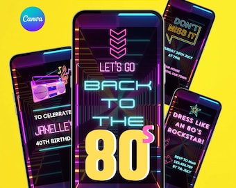 Back To The 80s Party Invitation.  Digital 1980s Any Age Birthday Invite.  Animated Neon With 80's Music Background. DIY Editable Template.