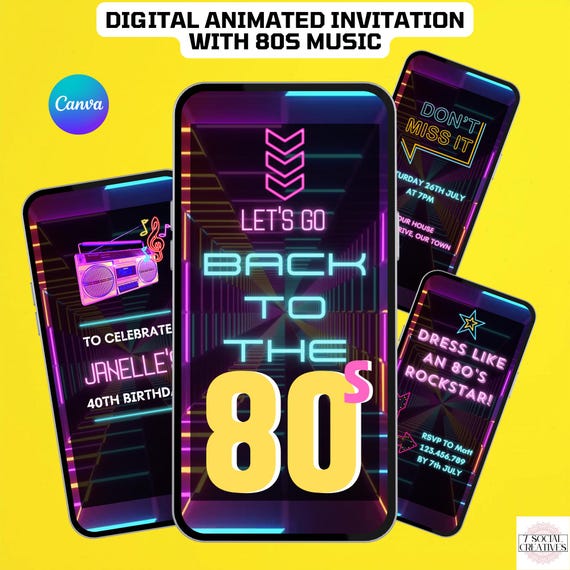 Back To The 80s Party Invitation.  Digital 1980s Any Age Birthday Invite.  Animated Neon With 80's Music Background. DIY Editable Template.