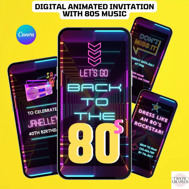 Terug naar de jaren 80-feestuitnodiging. Digitale jaren 80 verjaardagsuitnodiging voor elke leeftijd. Geanimeerd neon met muziek uit de jaren 80. DIY bewerkbare sjabloon. afbeelding 1