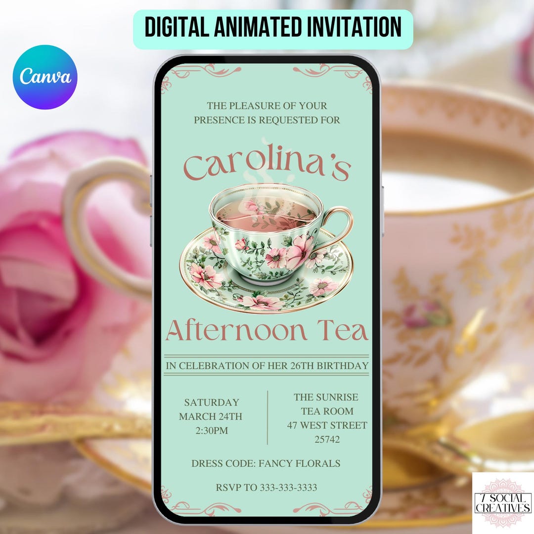 Birthday Tea Party Invitation. Digital Animated Turquoise High Tea ...