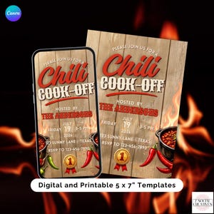 May include: Digital and printable 5 x 7 inch templates for a Chili Cook-Off invitation. The design features a wooden background with red chili peppers, a pot of chili, and the event details. The invitation is hosted by The Andersons.