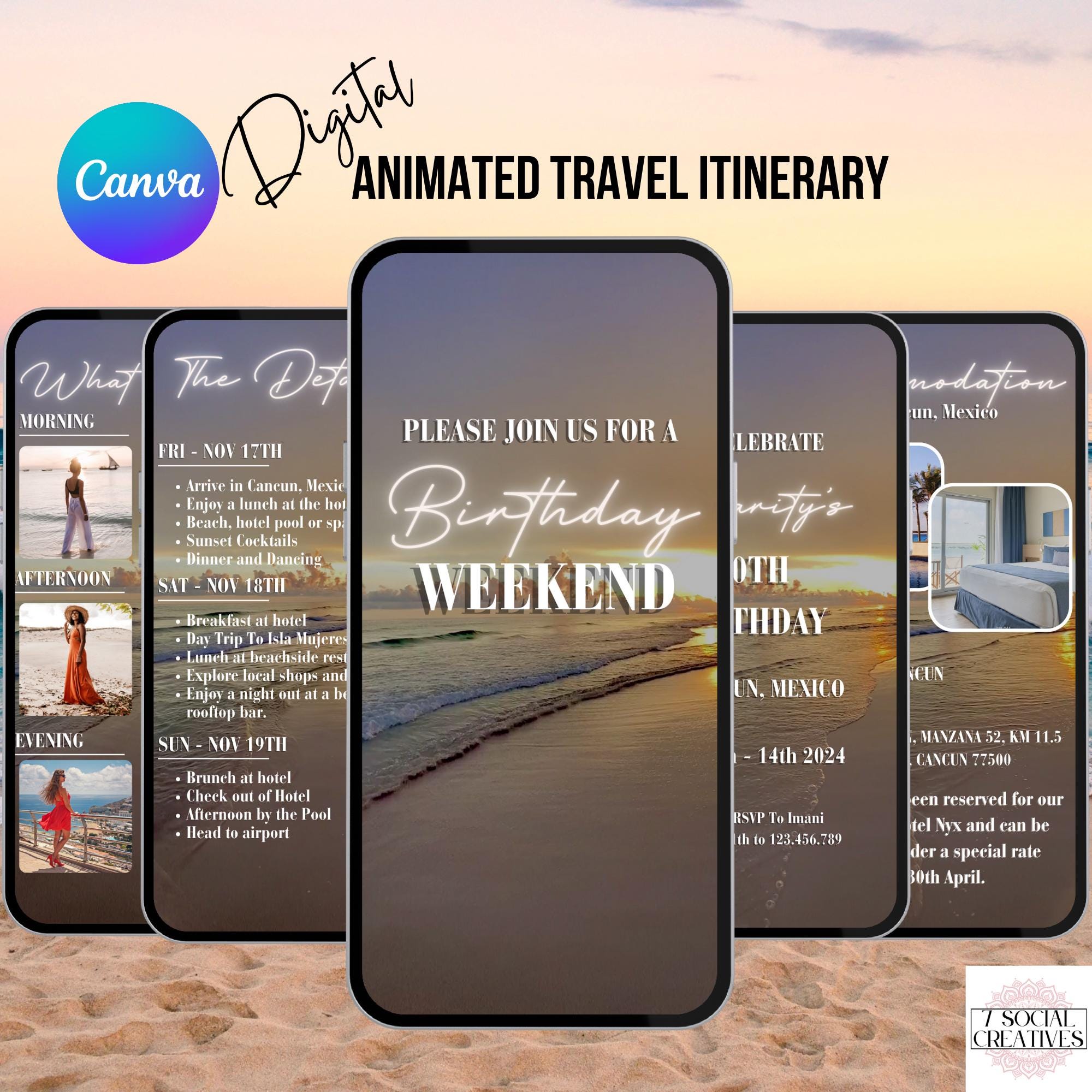 Digital Sunset Beach Itinerary Template. Animated Tropical Weekend Planner Invitation. Holiday Downloadable Invite. Perfect for Getaway Trip