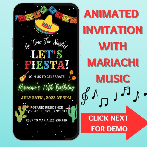 Digital Fiesta Birthday Invitation.  No Time To Siesta Animated Invite DIY Template.  Easy To Edit in Canva.  Send By Phone.