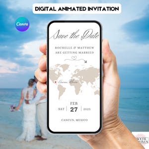 Destination Wedding Save The Date with Map Invitation. Digital Animated Overseas Wedding Invite. DIY Editable Template. Change Location.