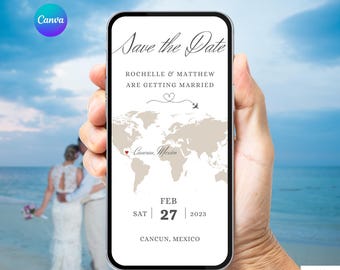Destination Wedding Save The Date with Map Invitation. Digital Animated Overseas Wedding Invite. DIY Editable Template. Change Location.