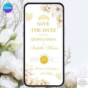 Invitación para guardar la fecha para quinceañera con flores blancas y doradas. Invitación digital para celebrar el 15.° cumpleaños de Mis Quince Anos. Plantilla para hacer tú mismo.