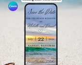 Digital Beach Wedding Save The Date DIY Template. Animated Destination Wedding Or Party Invitation with Sound Of Waves. Editable eVite.
