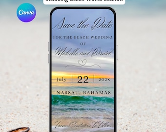 Digitale Hochzeit am Strand Save The Date DIY Vorlage. Animierte Bestimmung Hochzeit Oder Party Einladung mit Sound Of Waves. Bearbeitbarer eVite.