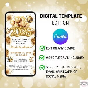 New Year's Party 2026 Invitation. Digital Animated White and Gold New Years Eve Invite. Friends and Family Cocktail Party eVite Template. image 3