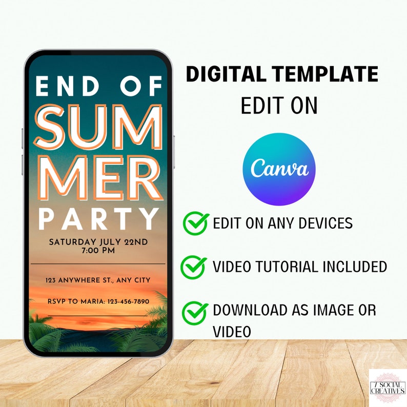 May include: A digital template for an end of summer party invitation. The template is designed to be edited on Canva and can be downloaded as an image or video. The template features a sunset background with palm trees and the text "End of Summer Party" in large, bold letters.