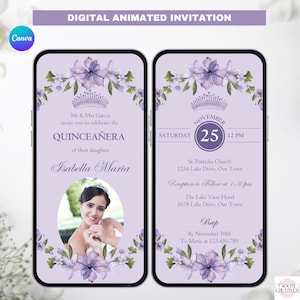Purple Quinceañera Invite With Photo. Digital Animated Mis Quince Años Invitation For 15th Birthday Party Celebration. DIY Editable Template