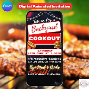 Backyard Cookout Invitation. Digital Animated Friends or Family Summer Barbeque Party Invite. Black with Flames Any Occasion DIY Template.