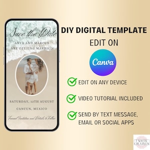 Invitación digital para guardar la fecha de boda en la playa con foto. Invitación animada de boda de destino con sonido de olas. Plantilla editable. imagen 4