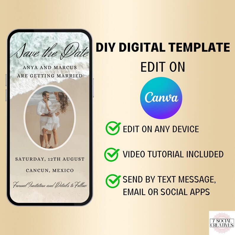 Invitación digital para guardar la fecha de boda en la playa con foto. Invitación animada de boda de destino con sonido de olas. Plantilla editable. imagen 4