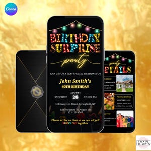 May include: Three smartphones displaying a birthday party invitation. The main phone shows "BIRTHDAY SURPRISE party" in colorful text, with details for John Smith's 40th birthday. Additional phones show party details.