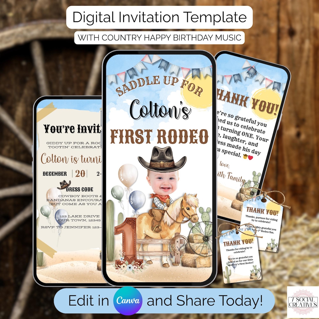 First Rodeo Birthday Invitation With Photo. Digital Cowboy 1st Party ...
