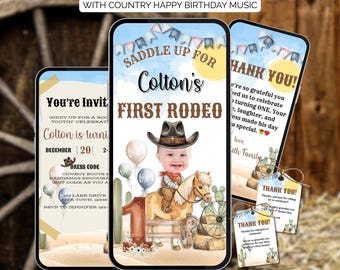 May include: Digital invitation template with a country theme. The design features a baby wearing a cowboy hat and riding a pony, with the text "Colton's First Rodeo." Includes thank you cards and invitation details. The invitation is customizable.