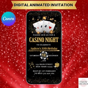 Casinoverjaardagsuitnodiging. Digitale geanimeerde volwassen heren- of damescasinofeestuitnodiging. eVite-sjabloon voor zwart-gouden pokeravond.