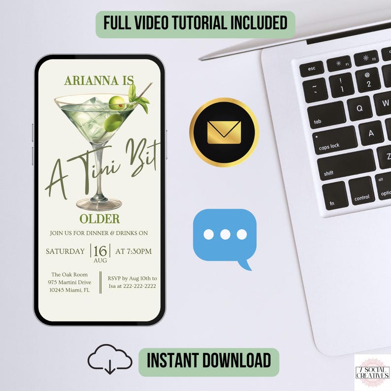 May include: A digital invitation for a 16th birthday party. The invitation features a martini glass with olives and the text "A Tini Bit Older". The invitation includes the date, time, and location of the party.