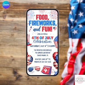 4th of July Party Invitation. Digital Independence Day Celebration Invite.  Fourth of July BBQ, Fireworks, Fun eVite. DIY Editable Template.
