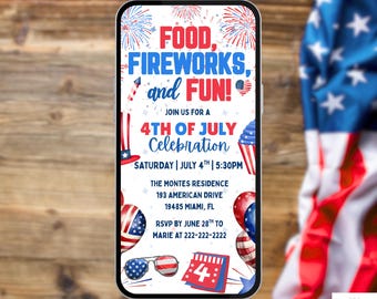 4th of July Party Invitation. Digital Independence Day Celebration Invite.  Fourth of July BBQ, Fireworks, Fun eVite. DIY Editable Template.