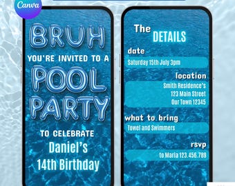 Bruh Pool Party Invitation. Digital Boys Birthday Summer Invite. Blue Theme DIY Editable Template eVite. Edit Text, Add Music, Send by Phone