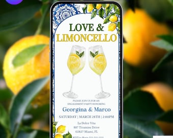 Mediterranean Engagement Party Invitation.  Digital Wedding Proposal Invite. Blue and Yellow Love and Lemoncello DIY Editable Template.