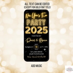 2025 New Years Eve Invite. Elegant Digital Animated New Years Party Invitation Template in Black and Gold. DIY Editable Tempalte. image 4