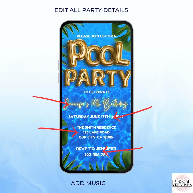 May include: A digital invitation for a pool party to celebrate Jennifer's 16th birthday. The invitation features a blue pool background with gold foil balloons that spell out "Pool Party". The text includes the date, time, location, and RSVP information.
