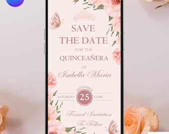 Quinceañera Save The Date Invitation Pink Floral. Digital Mis Quince Anos 15th Birthday Party Celebration Invite. DIY Editable Template.