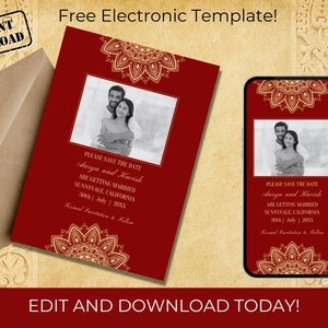 Réservez cette date pour un mariage indien. Invitation élégante avec du rouge et de l'or. Modèle numérique et imprimable à imprimer ou à télécharger et à envoyer par e-mail ou par SMS