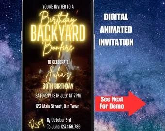 Birthday Backyard Bonfire Invitation. Digital Neon Yellow Party Invite. Animated S'mores Bonfire Phone eVite for men, women, girls, boys.