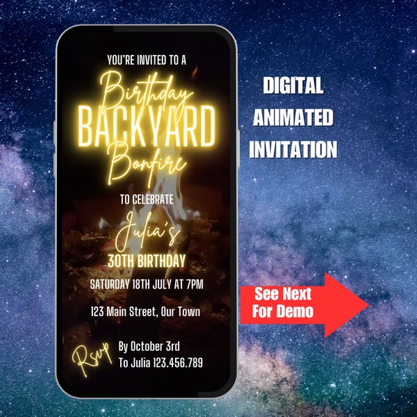 Birthday Backyard Bonfire Invitation. Digital Neon Yellow Party Invite. Animated S'mores Bonfire Phone eVite for men, women, girls, boys.