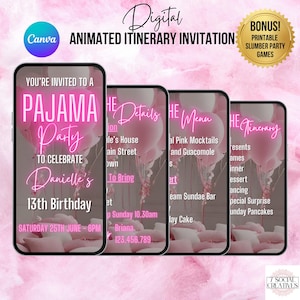 Uitnodigingsroute pyjamafeestje.  Digitale neonroze meisjesnachtslaapuitnodiging. Damespyjama's logeerpartij Pamper eVite.  DIY bewerkbare sjabloon.