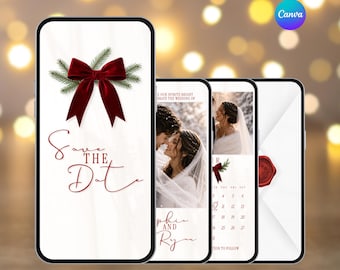 Faire gagner une date pour mariage de Noël. Une invitation à Noël moderne et élégante avec photos et calendrier.  Téléchargement instantané.