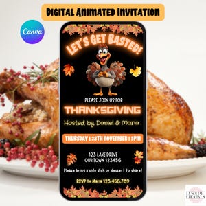 Puede incluir: Una invitación digital para el Día de Acción de Gracias con un pavo de dibujos animados sobre un fondo negro. El texto dice "Let's Get Basted!" y "Please Join Us For Thanksgiving Hosted by Daniel & Maria." La invitación incluye la fecha y hora del evento, la dirección y una solicitud de RSVP.
