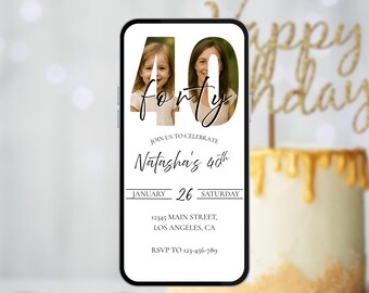 Digital 40th Birthday Party Invite with Photo. Elegant Black and White Fortieth Invitation. Modern Minimalist Forty eVite Template.