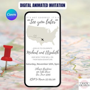 Uitnodiging voor afscheidsfeestje. Digitale geanimeerde uitnodiging voor vertrek uit de staat. Militair, College Move eVite. DIY-sjabloon.