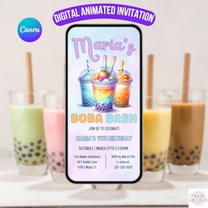 Boba Tea Invitation. Digital Animated Bubble Tea Birthday Party Invite.  Cute Fun Girls Any Age Kids, Teen eVite. DIY Editable Template.