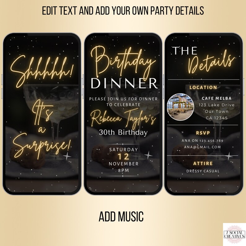May include: A black and gold digital invitation for a surprise birthday dinner. The invitation features a glass of champagne, a star-filled night sky, and the text "Shhhhh! It's a Surprise!"  The second panel features the text "Birthday Dinner" and "Rebecca Taylor's 30th Birthday". The third panel features the text "The Details" and includes the location, RSVP information, and attire for the event.