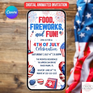 4. Juli Party Einladung. Digitale Feier zum Unabhängigkeitstag einladen.  Fourth of Jully BBQ, Feuerwerk, Fun eVite. DIY bearbeitbare Vorlage.