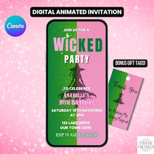 Wicked Birthday Party Invitation. Digital Animated Wicked Musical Theme Invite. Green Pink Galinda and Elphaba Witch eVite. DIY Template.