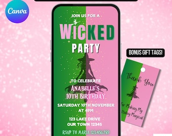 Wicked Birthday Party Invitation. Digital Animated Wicked Musical Theme Invite. Green Pink Galinda and Elphaba Witch eVite. DIY Template.