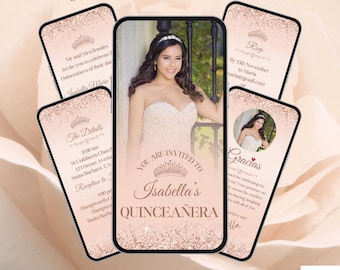 Rose Gold Quinceanera Invitation with Photo.  Digital Mis Quince Anos Birthday Invite. Elegant Modern eVite. DIY Editable Template.