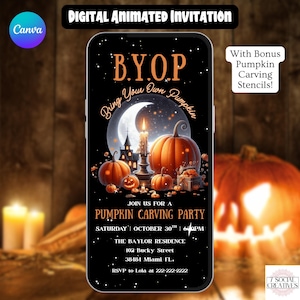 May include: Digital animated invitation for a pumpkin carving party. The design features orange pumpkins, a full moon, and a candlelit scene. The invitation includes the text "B.Y.O.P. Bring Your Own Pumpkin" and event details.